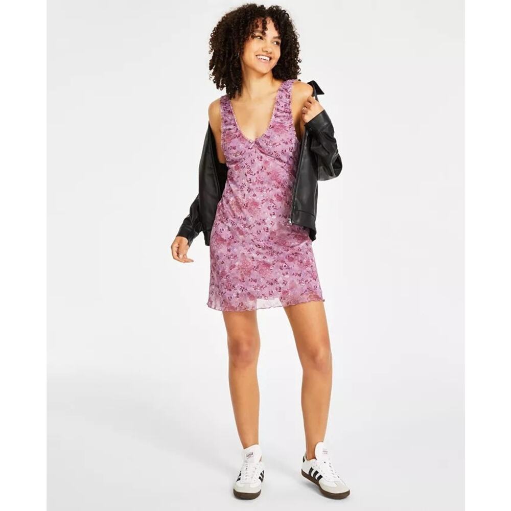 Hippie Rose Mauve Floral Ruched Mesh Mini Dress - Picture 10 of 13